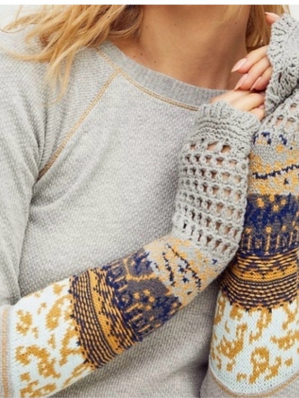 Free People In The Mix Cuff Top XL Gray Waffle Knit Crochet Boho Thermal